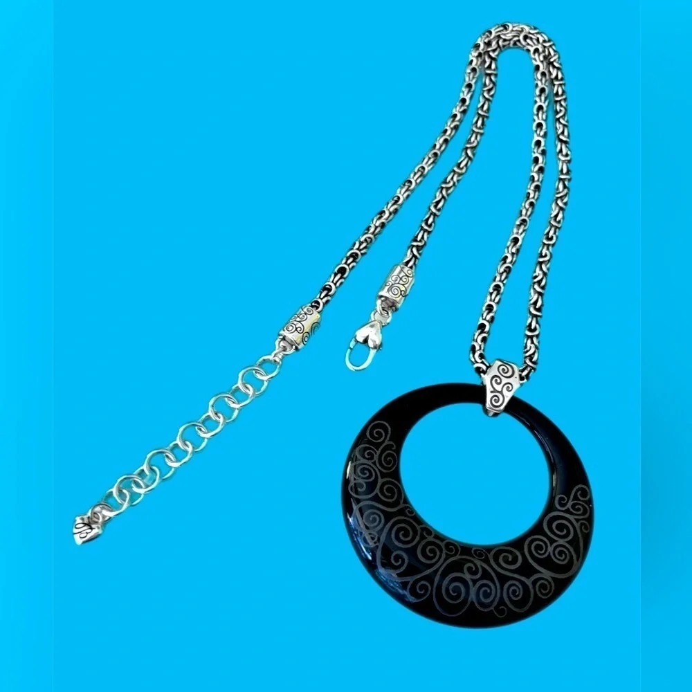 Brighton Round Lava Lounge Lucite Black Silver Scroll Design Pendant Necklace.